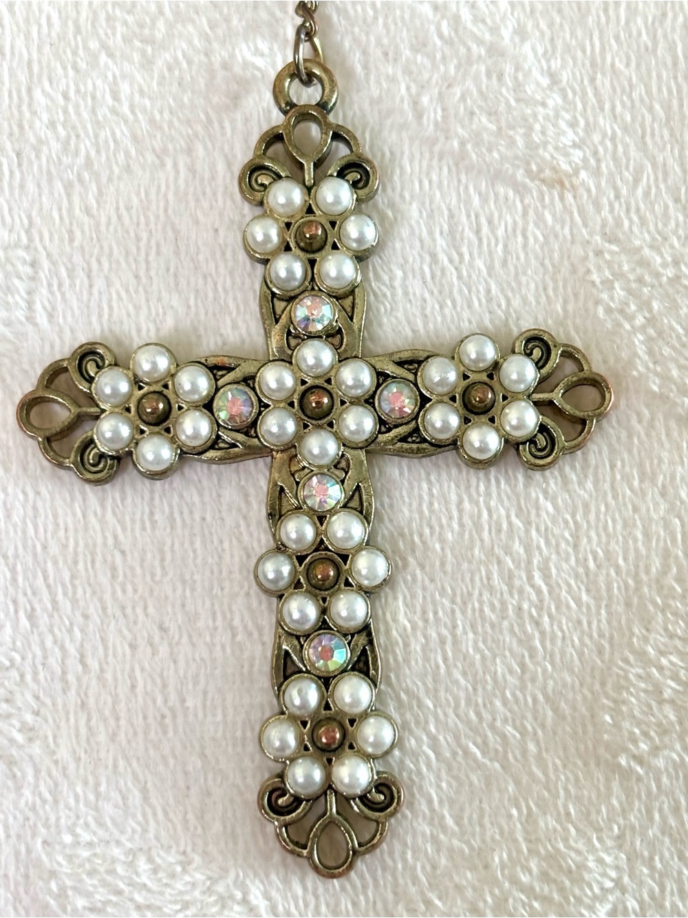 Pearl Cross Necklace 40” Long Rosary Vintage Style AB Rhinestones Boho Gothic